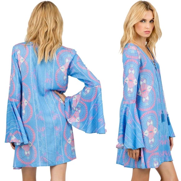 Cleobella Boho Blue Abstract Bell Sleeve Dress - Picture 2 of 13